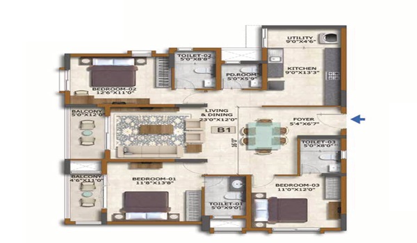 Prestige Evergreen 1 BHK Floor Plan