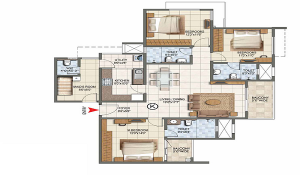 Prestige Evergreen 3 BHK Floor Plan