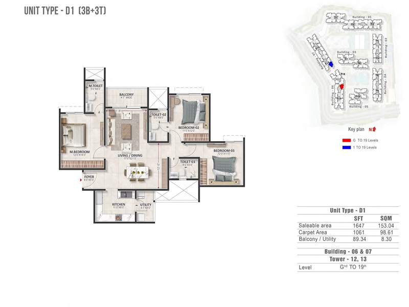 Prestige Evergreen 3 BHK 1647 Sq Ft Floor Plan
