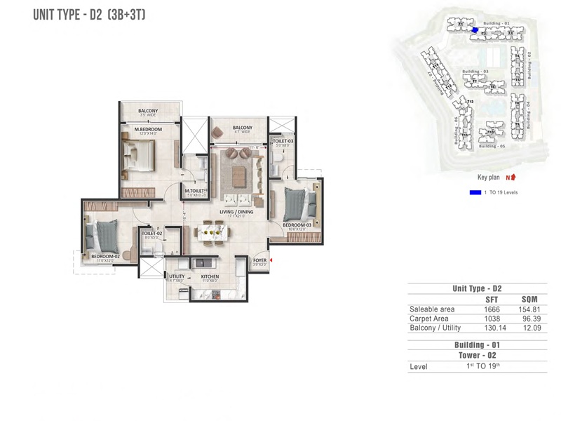 Prestige Evergreen 3 BHK 1666 Sq Ft Floor Plan
