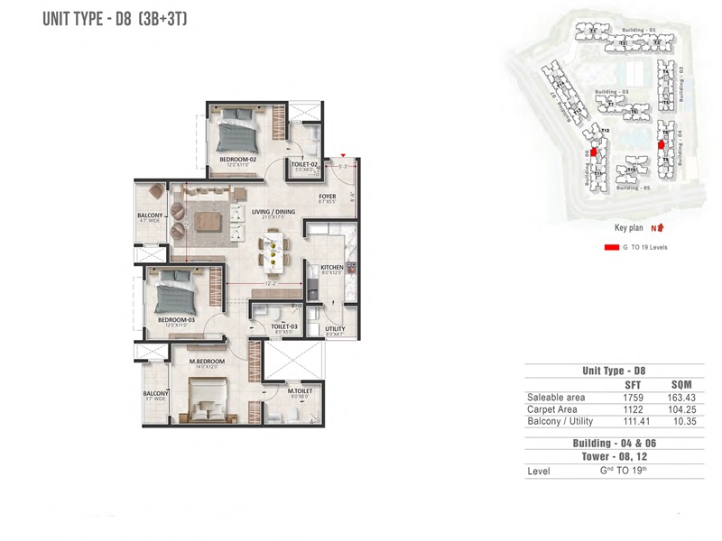 Prestige Evergreen 3 BHK 1759 Sq Ft Floor Plan