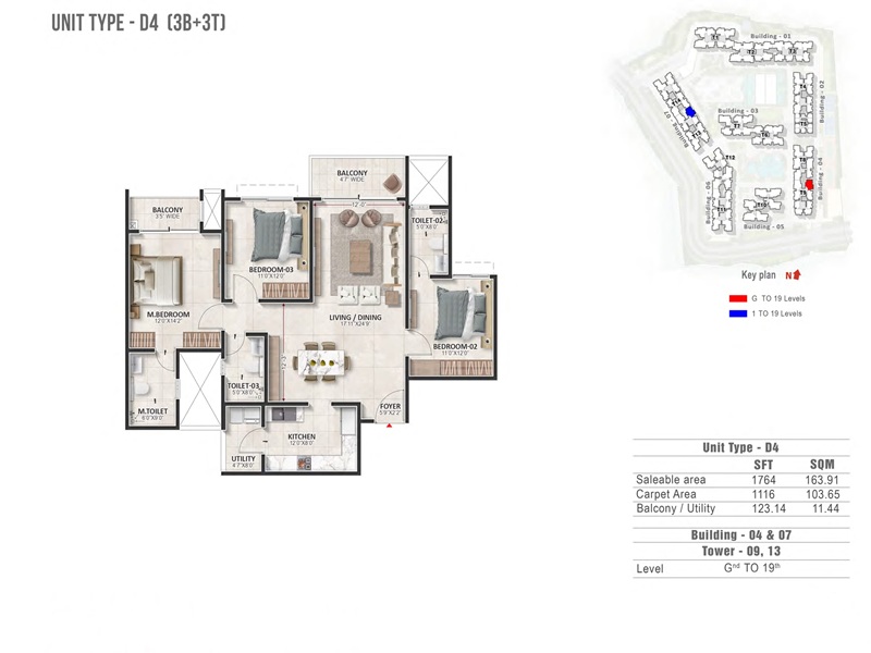 Prestige Evergreen 3 BHK 1764 Sq Ft Floor Plan