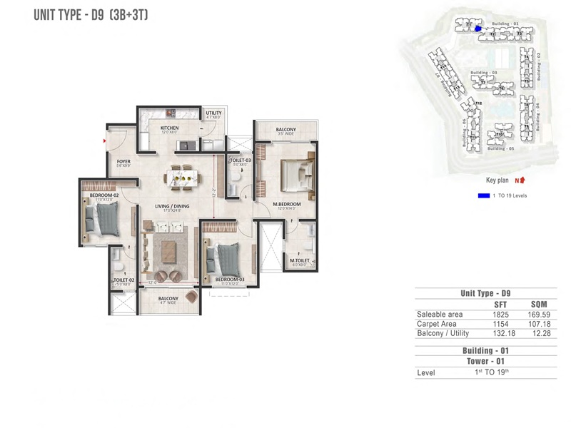 Prestige Evergreen 3 BHK 1825 Sq Ft Floor Plan