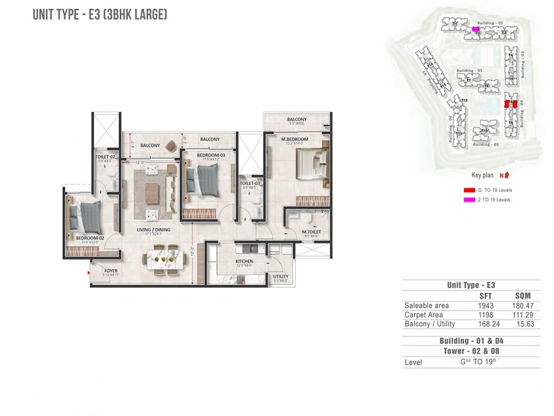 Prestige Evergreen 3 BHK 1943 Sq Ft Floor Plan