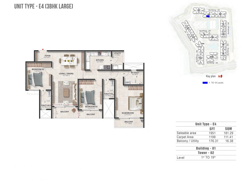 Prestige Evergreen 3 BHK 1951 Sq Ft Floor Plan