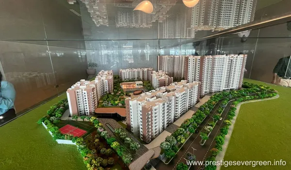 Architectural scale model of Prestige Evergreen residential project featuring a luxury clubhouse, rooftop swimming pool, and landscaped gardens
